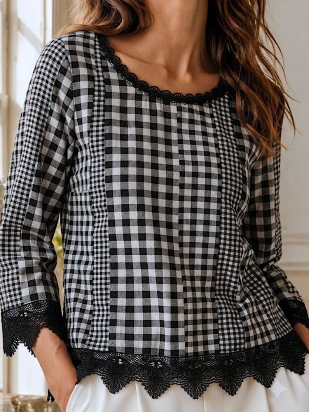 Allison Daley Gingham Patches 3/4 Sleeve Crew Neck Lace Linen Blend Blouse Large